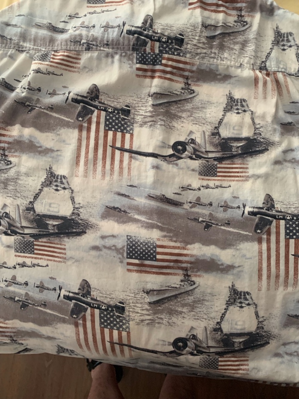 Men's Casual Button-Down Shirt - Patriotic Flag & Aircraft Print, White/Beige
